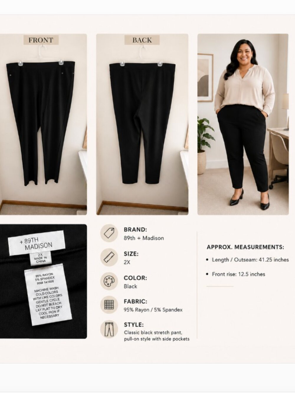 89th + Madison Black Stretch Pull-On Dress Pants Slacks Size 2X